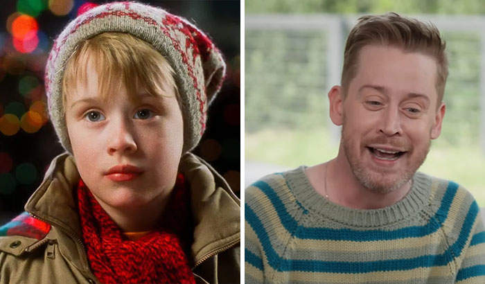 Then and now photos of famous celebrities showing a childhood image and recent picture of a smiling man in casual clothes.