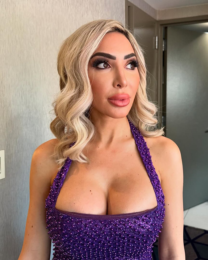Farrah Abraham posing indoors wearing a beaded purple halter top during a tiny bikini photoshoot sparking hilarious reactions.