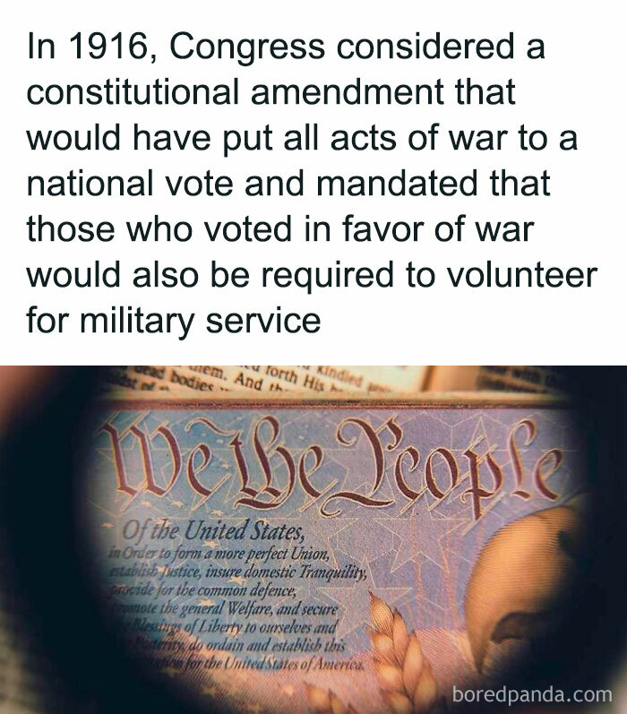 Close-up of a historic U.S. document with text about a 1916 war amendment shared on an Instagram page with amazing facts.