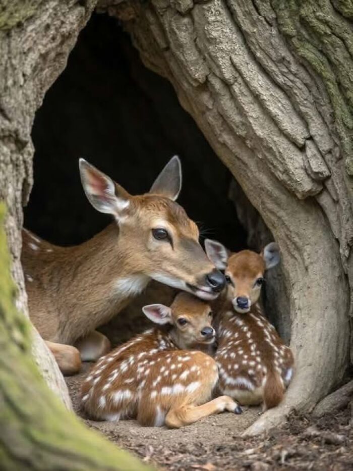 Deer family resting inside hollow tree trunk, showcasing nature’s breathtaking beauty in a peaceful woodland setting.