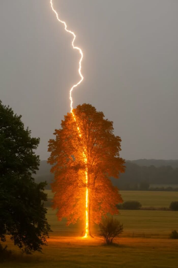 Lightning striking a tree, capturing nature's breathtaking beauty with vivid glowing light in a calm outdoor setting.