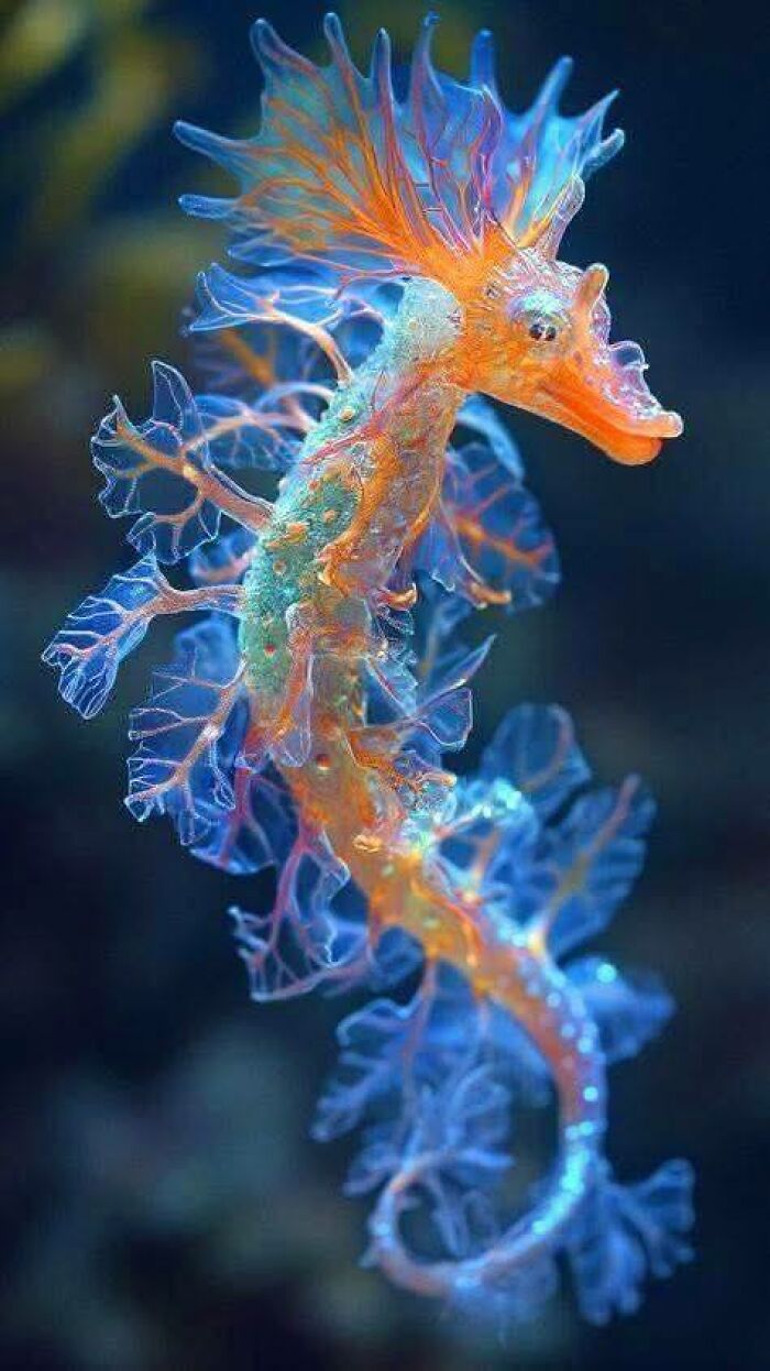 Colorful sea dragon underwater showcasing nature’s breathtaking beauty in vibrant orange and blue hues with intricate leaf-like appendages.