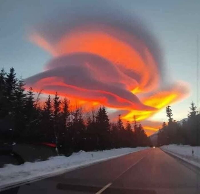 Vibrant sunset clouds over a snowy road with pine trees, showcasing nature’s breathtaking beauty captured by people.