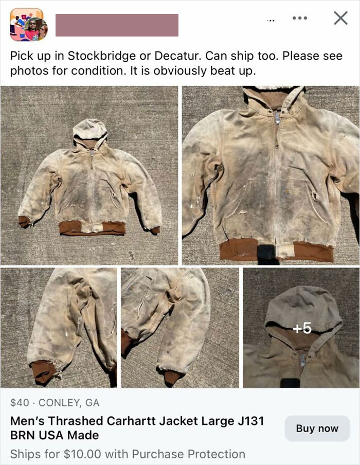 Worn and heavily stained Carhartt jacket for sale, one of the wildest things found on Facebook Marketplace listings.