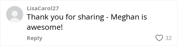 User comment saying thank you for sharing and praising Meghan Markle as awesome in an online discussion about Meghan Markle's note to flight attendant going viral.