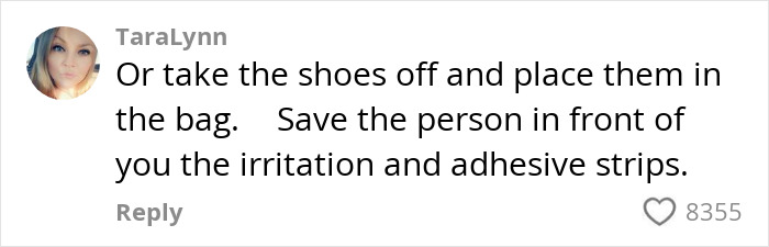 Comment suggesting to remove baby's shoes and place them in a bag to avoid irritation from sticking shoes to seat back during flight.