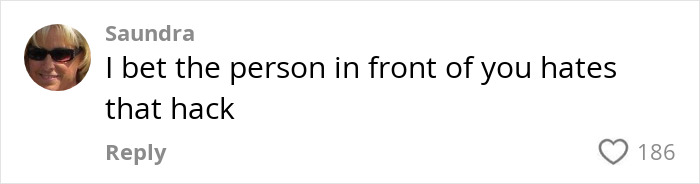 Comment from Saundra reacting to a baby&rsquo;s shoes stuck to seat back during flight, expressing strong dislike of the hack.