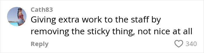 Comment from user Cath83 criticizing giving extra work to staff by removing sticky item during flight, reacting to baby shoe seat trick.