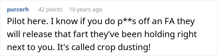 Screenshot of a Reddit comment where a pilot humorously warns about passenger habits that annoy flight attendants.