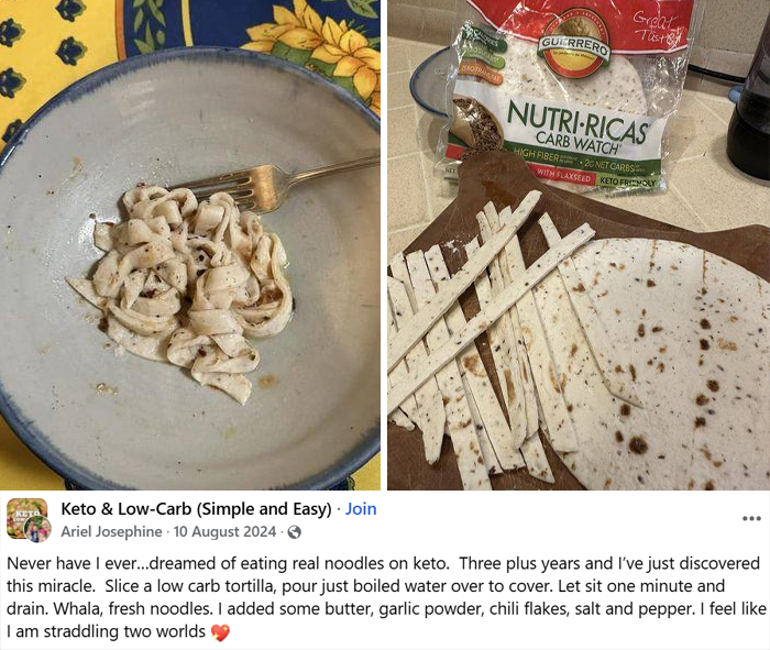 Cursed food pic showing soggy low-carb noodles and oddly cut tortilla slices on a kitchen counter.