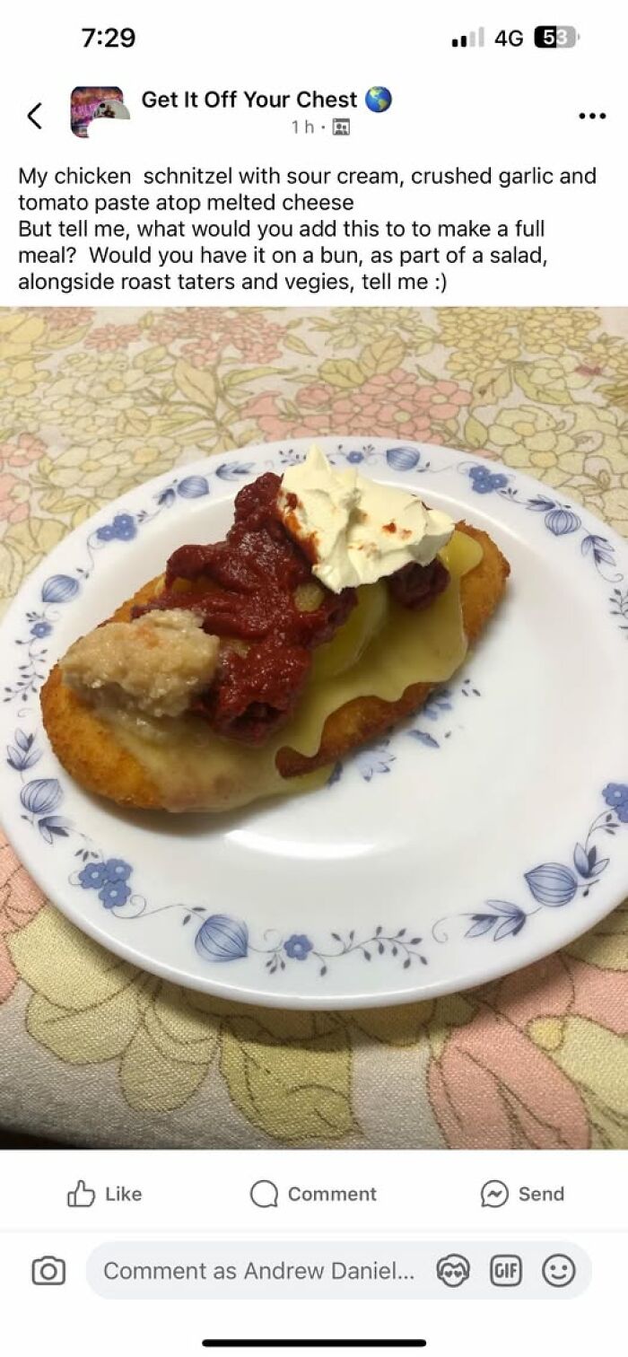Chicken schnitzel topped with sour cream, crushed garlic, tomato paste, and melted cheese on a floral plate, cursed food pic.