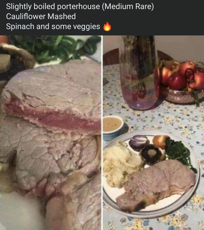 Cursed food picture of a slightly boiled porterhouse steak with mashed cauliflower and spinach on a plate.