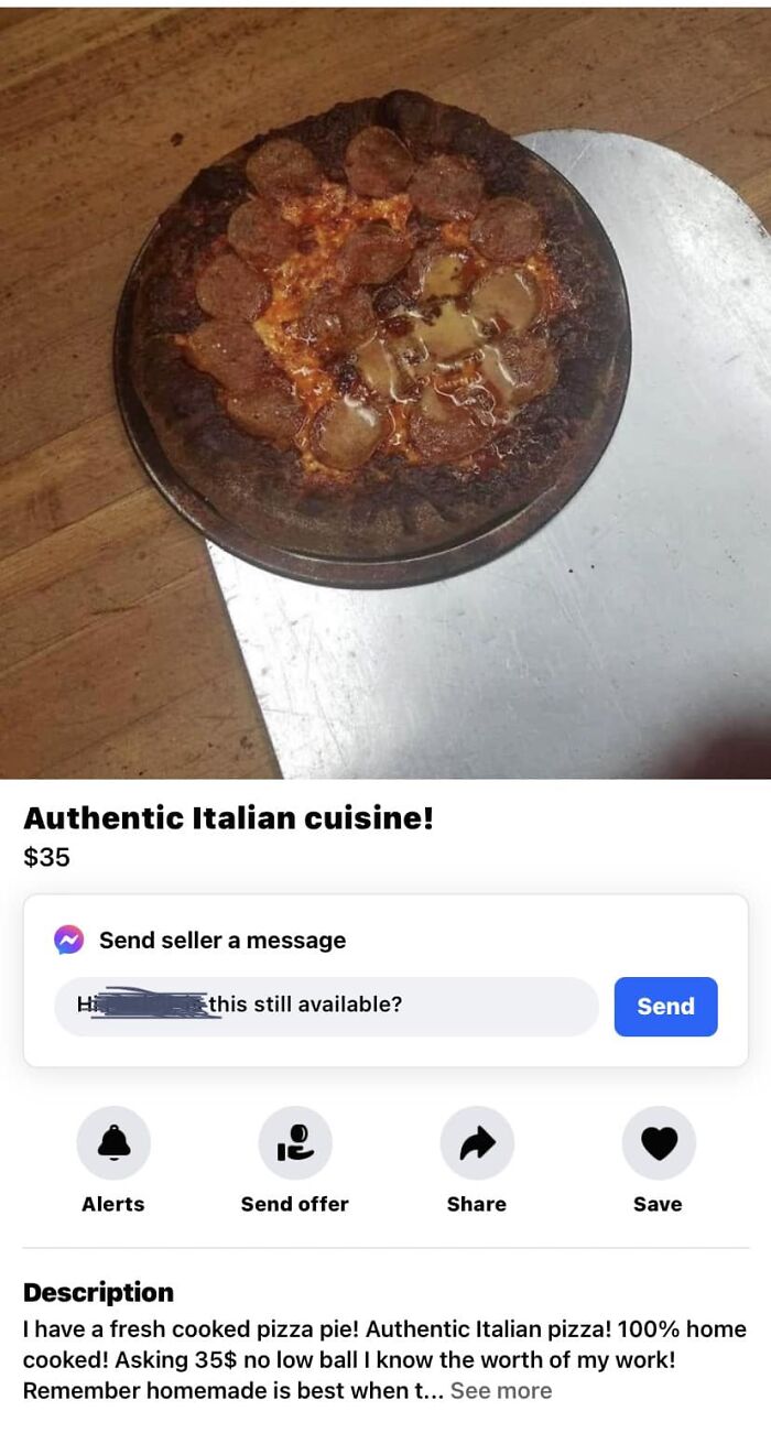 Burnt pepperoni pizza with melted cheese on a pizza peel, an example of cursed food pics online for sale.