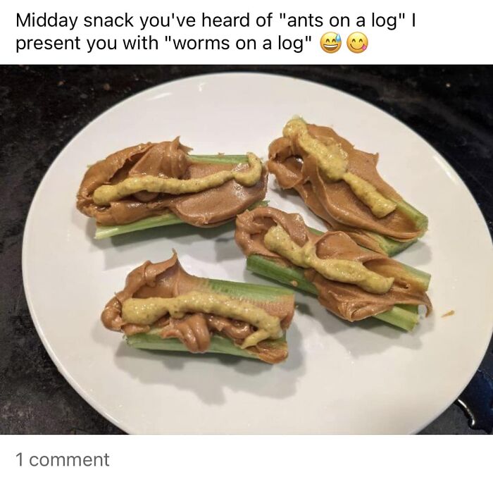 Cursed food image showing celery sticks with peanut butter and mustard resembling worms on a plate.