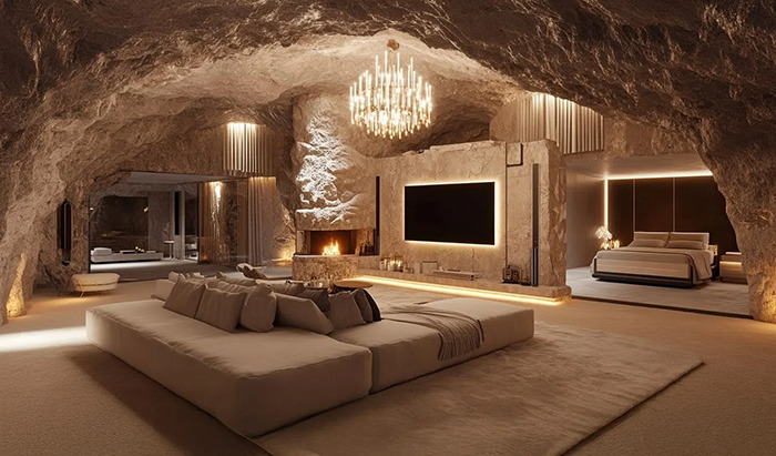 Luxurious underground living room with modern furnishings, a chandelier, and fireplace in a secret US city for the rich and powerful. Luxurious underground living room with modern furnishings, a chandelier, and fireplace in a secret US city for the rich and powerful.