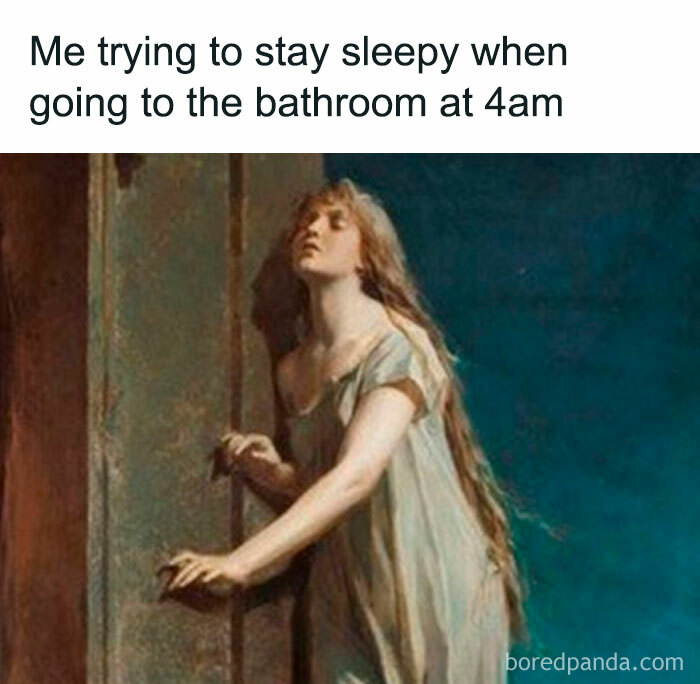 Classic art meme showing a sleepy woman trying to stay awake, capturing petty energy for a daily mental breakdown.