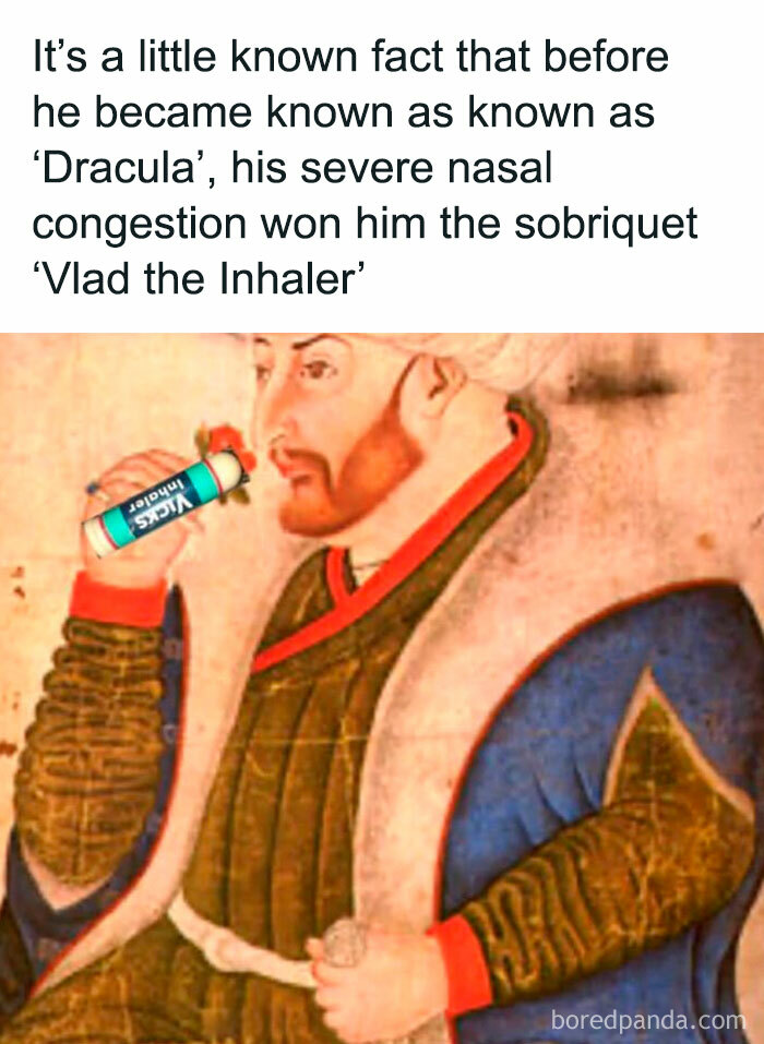 Historical figure edited to hold an inhaler with art memes featuring petty energy for daily mental breakdown relief.