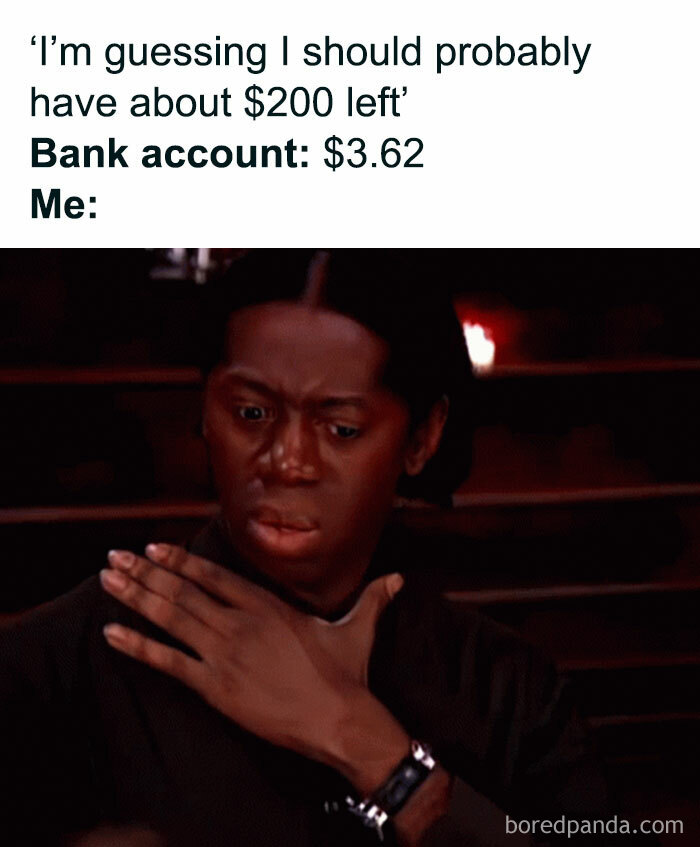 Person looking shocked and confused meme reflecting millennial mind struggles with bank account balance and finances.