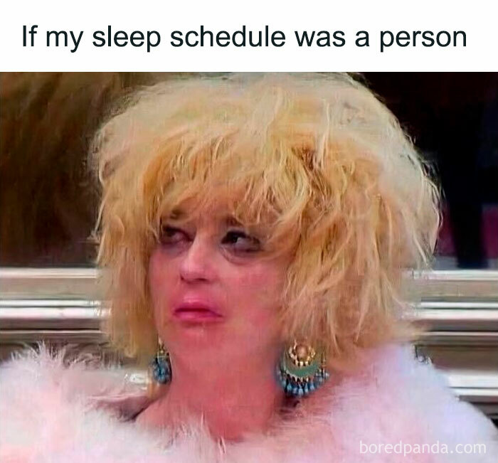 Woman with messy hair and smeared makeup looking distressed, illustrating a millennial meme about a chaotic sleep schedule.