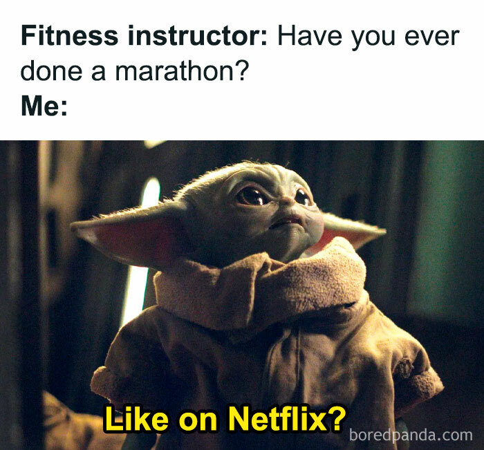 Baby Yoda meme asking if a marathon means watching a Netflix series, reflecting millennial mind humor on Instagram.