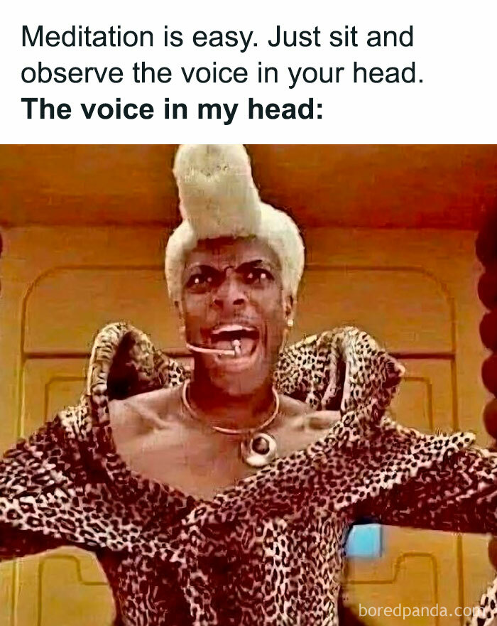 Man in leopard-print outfit reacting wildly illustrating chaotic millennial mind in popular Instagram meme format.