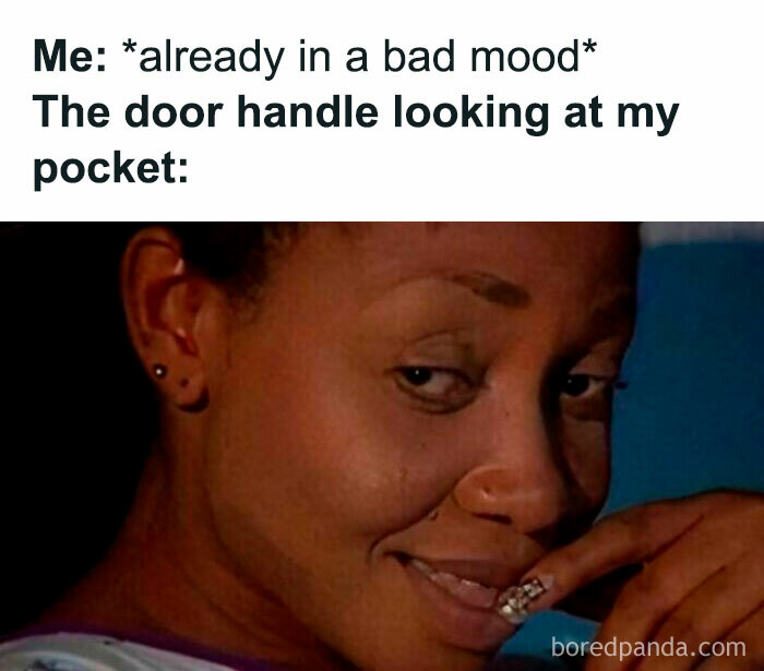 Woman smirking with caption about bad mood and door handle, a relatable millennial meme from Instagram page collection.