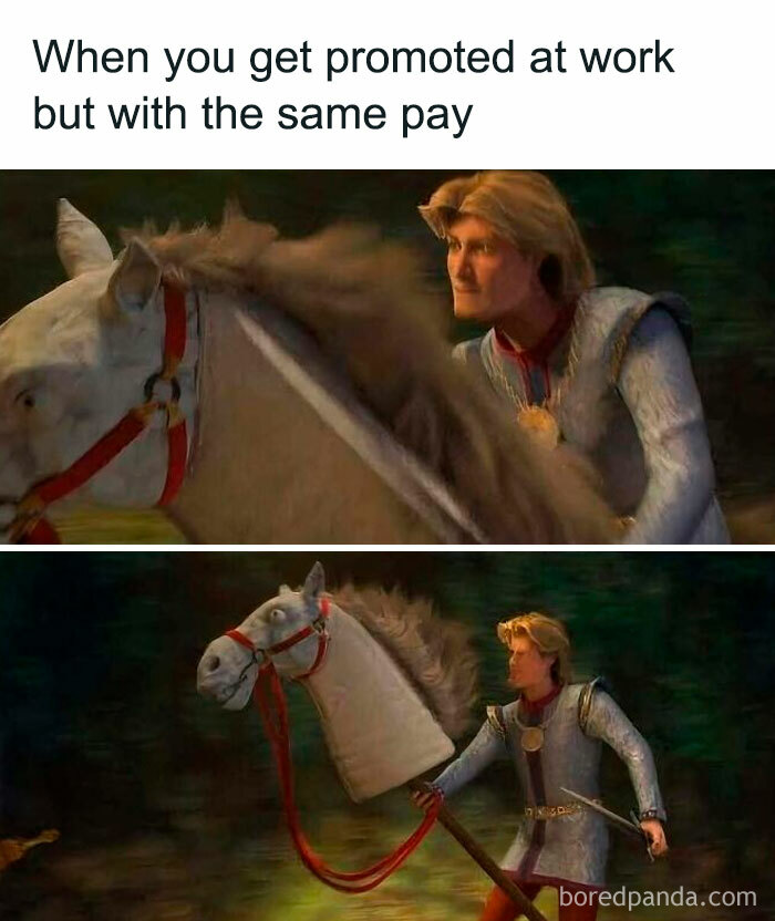 Meme showing a character holding a horse head on a stick, reflecting millennial mind humor about work promotion and pay.