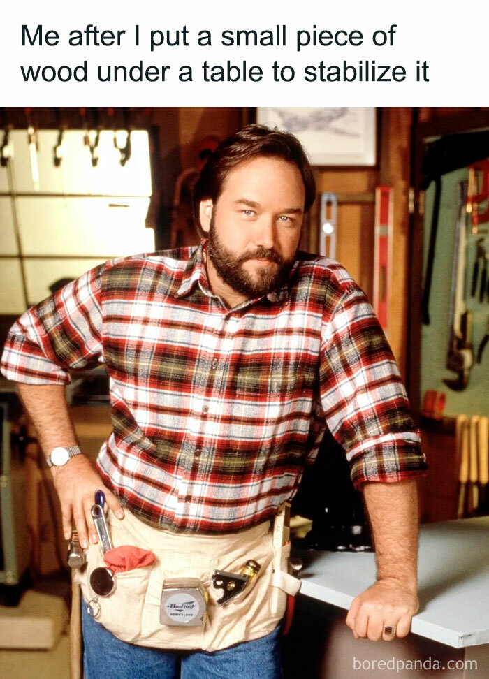 Man in plaid shirt and tool belt posing confidently, perfect meme reflecting the millennial mind on Instagram page.