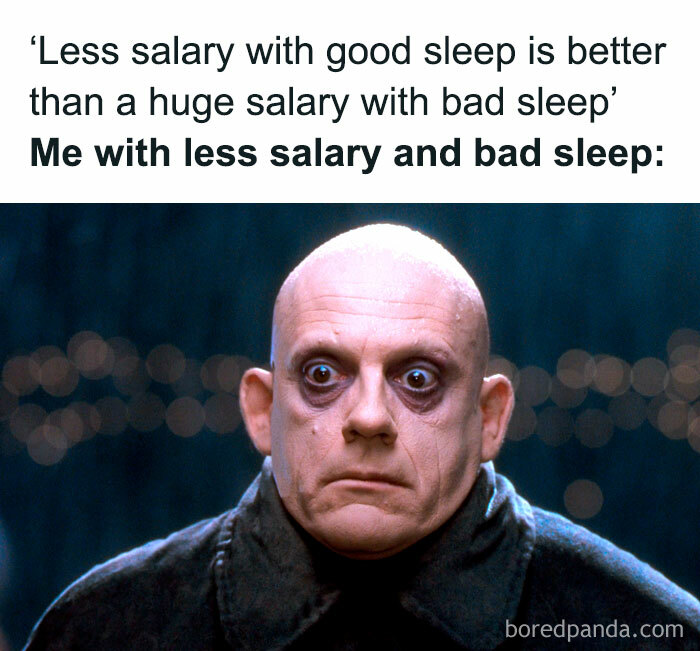 Man with wide tired eyes illustrating bad sleep in a meme from an Instagram page reflecting the millennial mind.