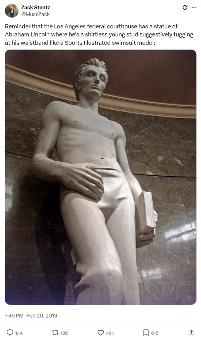 Shirtless statue of Abraham Lincoln at Los Angeles courthouse with suggestive pose, an example of blursed images.