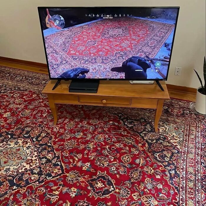 TV screen showing a video game with a carpet pattern matching the real rug below in a weird pics or it didn’t happen moment.