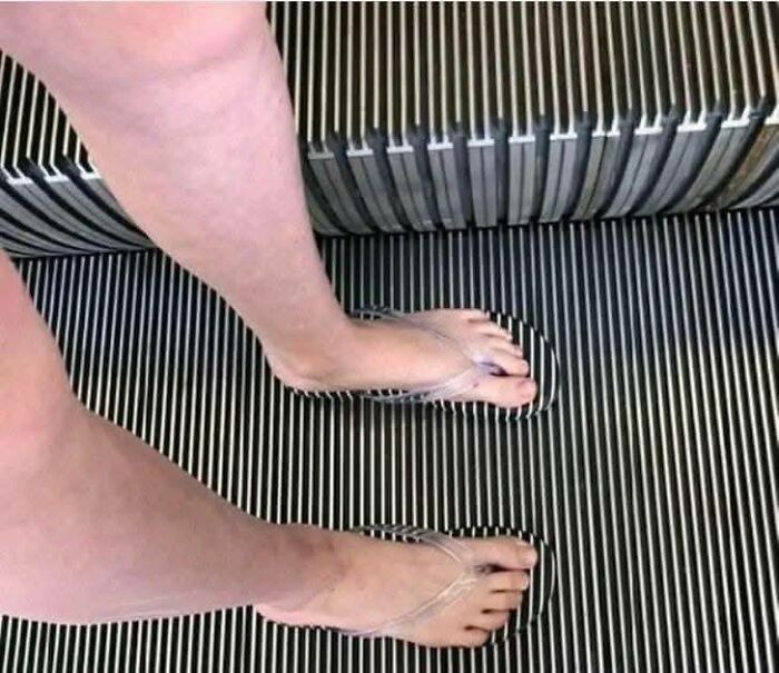Person wearing clear flip flops on an escalator step with holes that perfectly fit the footwear unusual weird pics moment