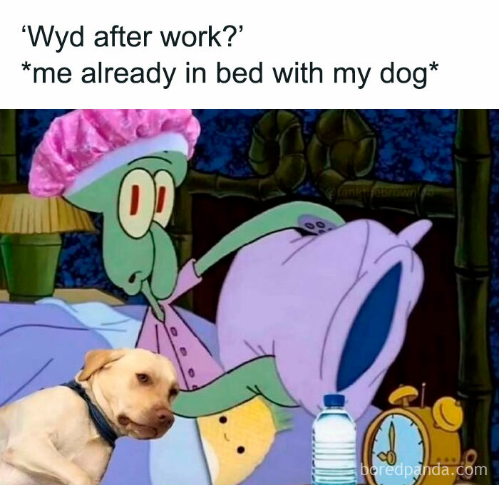 Cartoon character in bed with a dog, depicting a cozy moment in popular dog memes about hugging your pupper.