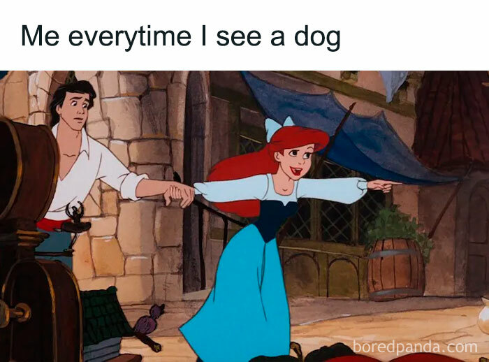 Animated scene of a woman excitedly reaching forward with man holding her back, perfect dog memes reaction illustration.