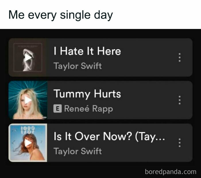 Playlist screenshot showing songs by Taylor Swift and Renée Rapp, related to daily serotonin boost from IG page pics.