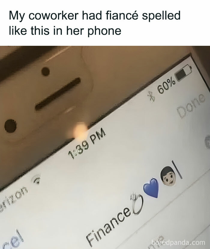 Screenshot of a phone message showing fiancé spelled with finance and emojis, featured in serotonin boost pics.