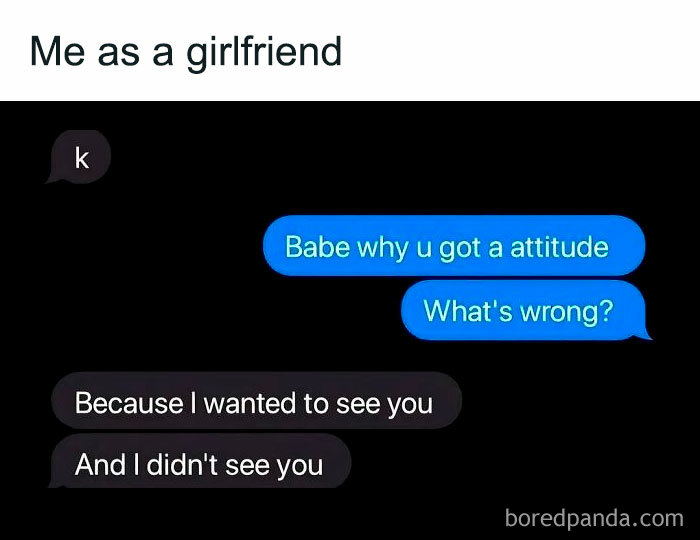 Text message conversation showing a girlfriend's attitude explained as wanting to see her partner for a daily serotonin boost.