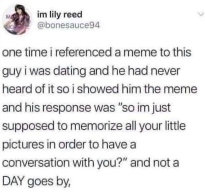 Screenshot of a humorous meme from an IG page providing a daily serotonin boost through relatable content and conversations.