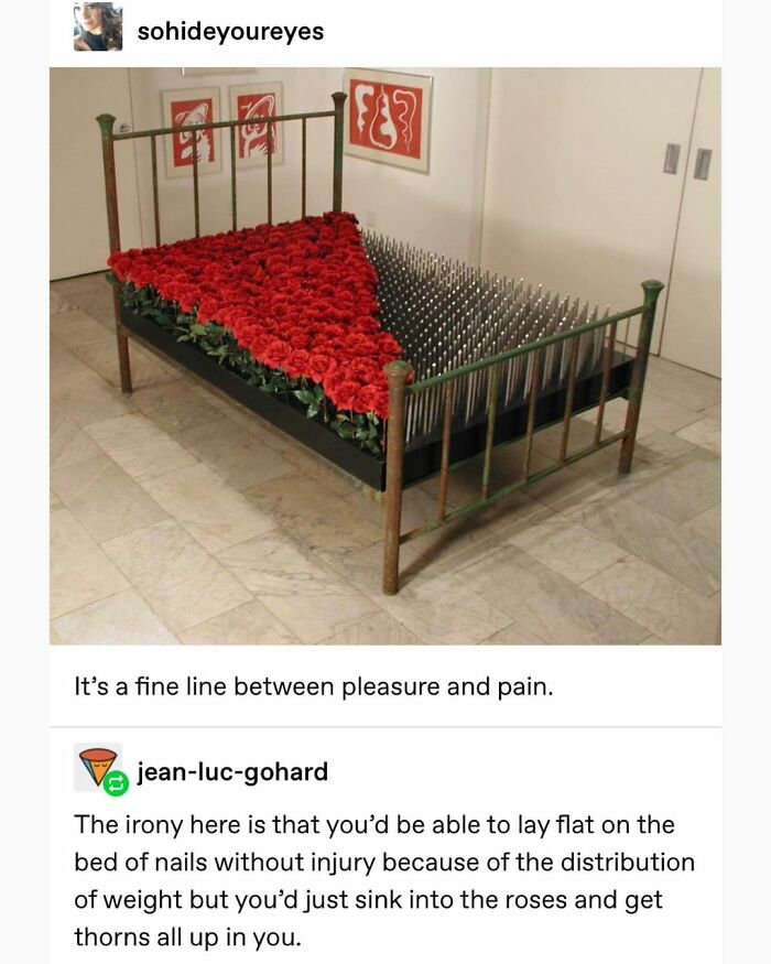 Bed with half covered in red roses and half in sharp nails symbolizing pleasure and pain, serotonin boost from visual contrast.