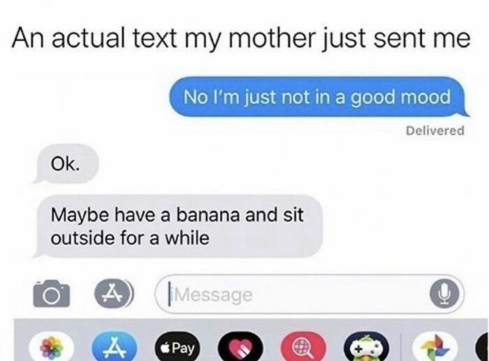 Text message exchange showing a mother giving simple advice for a daily serotonin boost.