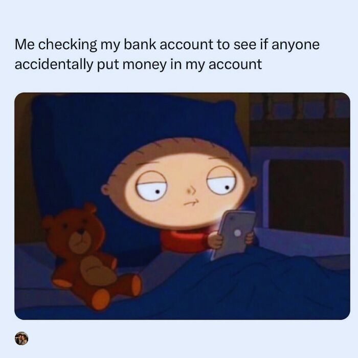 Cartoon character checking phone in bed with teddy bear, humorous meme for daily serotonin boost from IG page pics