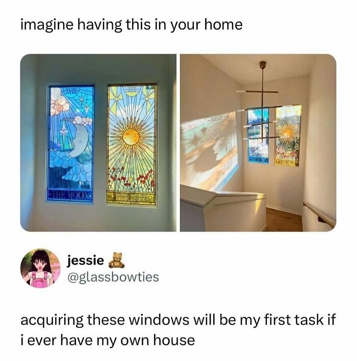 Stained glass windows with sun and moon designs casting colorful light, perfect for a daily serotonin boost.