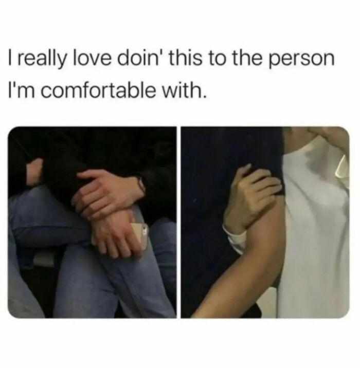 Two images showing affectionate arm-holding between people, capturing serotonin boost and daily comfort moments.