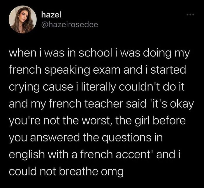 Instagram post text about a French exam fail, shared on a page for daily serotonin boost with funny and relatable content.