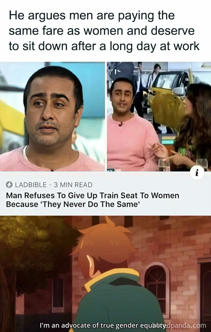 Man refusing to give up train seat to women, showcasing online jerk behavior and gender equality debate.