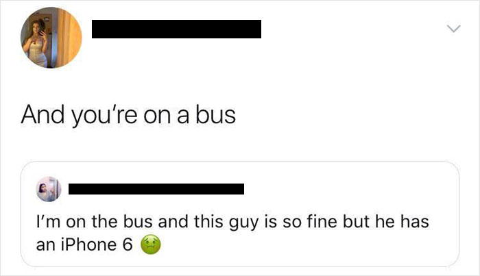 Screenshot of a woman’s tweet being called out online for a rude comment about a guy's iPhone 6 on the bus.
