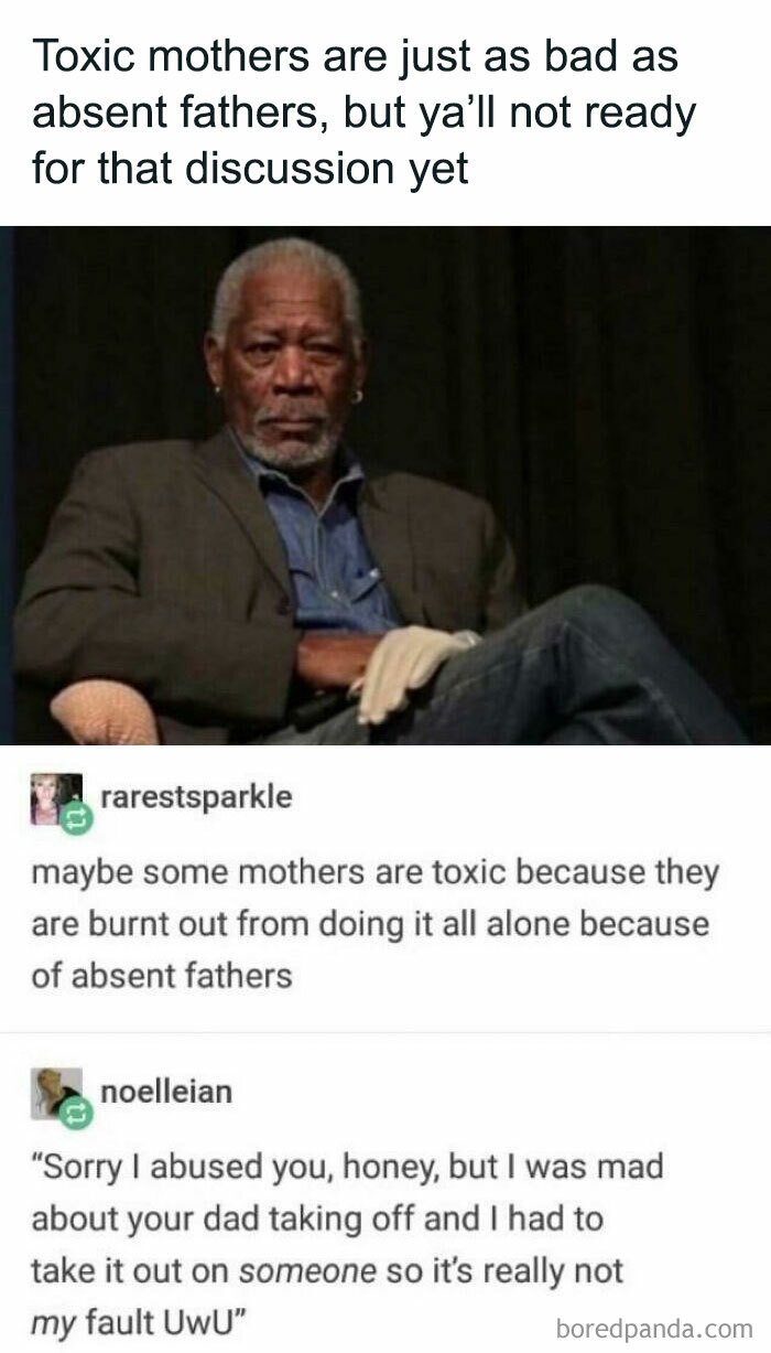 Screenshot of online comments discussing toxic mothers and absent fathers in women being called out for being jerks online.