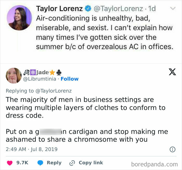 Screenshot of a Twitter exchange showcasing women being called out for jerk behavior online about air-conditioning complaints.