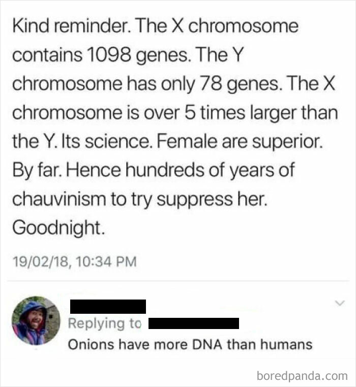 Screenshot of an online exchange highlighting a woman being called out for misinformation about chromosomes and DNA facts.
