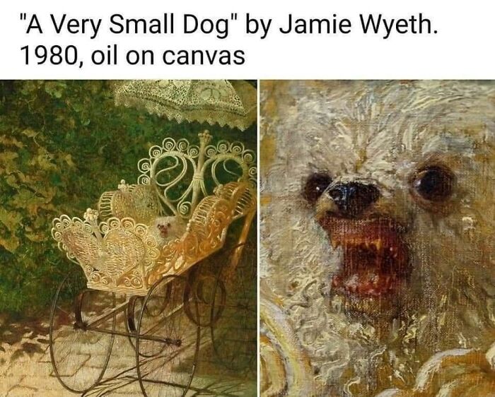 Oil painting titled A Very Small Dog showing a tiny dog in an ornate antique stroller, highlighting doggo memes humor.